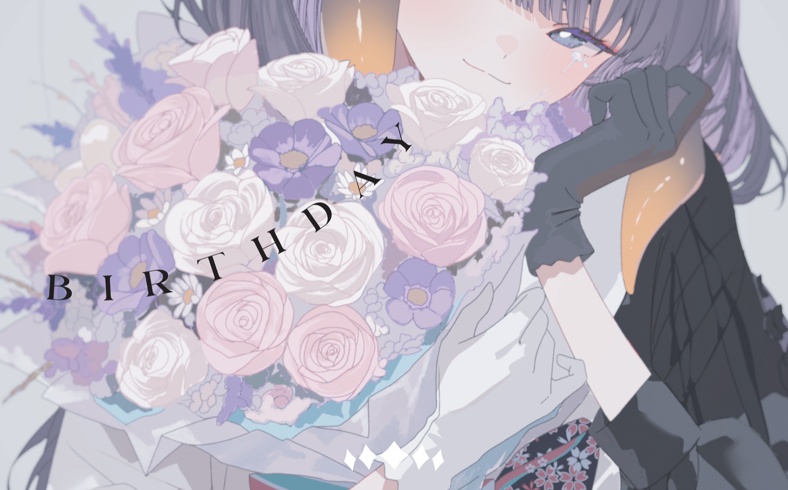 Detail crop — Ina's face beside the rose bouquet, gloved hand at her cheek, floral kimono sleeve